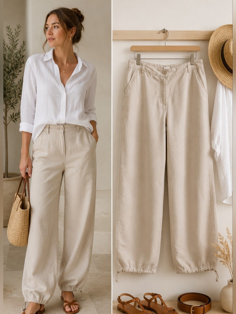 Peppercorn Linen Blend Wide Leg Pants Beige Drawstring Hem Relaxed EU 42